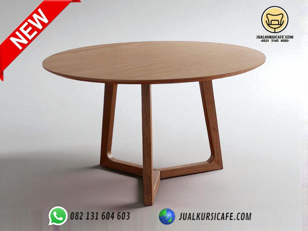 meja cafe bulat kaki segi 3 kayu jati miinimalis untuk 4 kursi