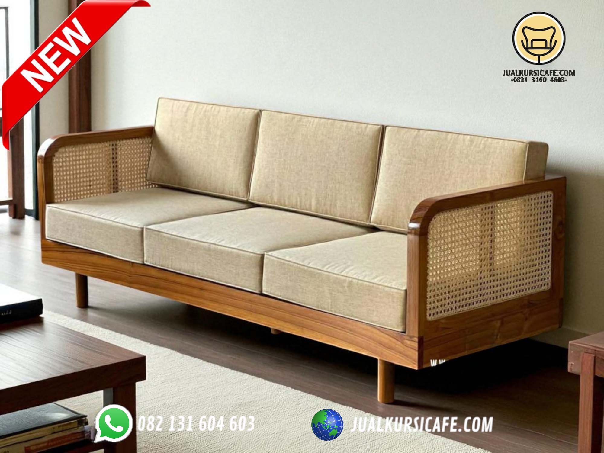 kursi tamu minimalis 3 seater rotan kayu jati busa 10cm- sofa minimalis modern terbaru retro